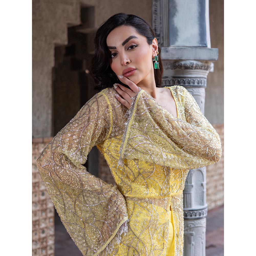 MABISH LUXE Womens Polyester Embroidered Yellow Co-Ord Set