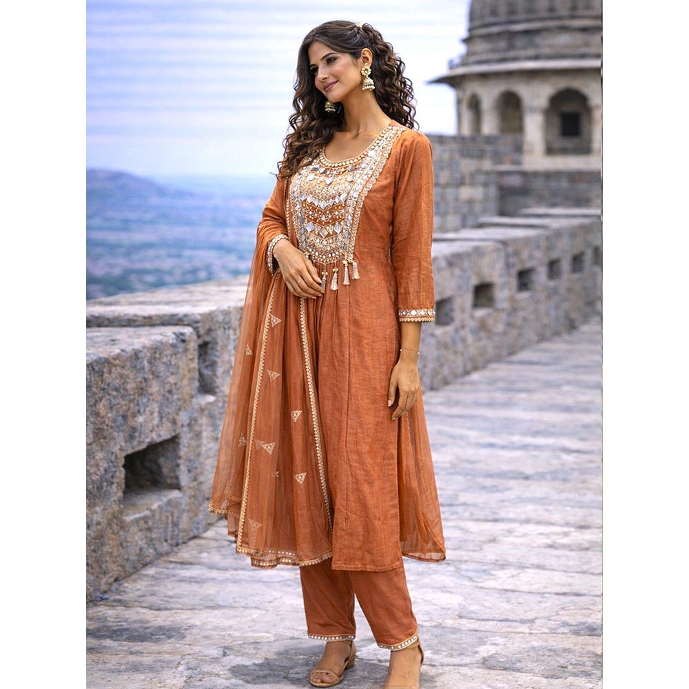 MABISH LUXE Mirror Work Chanderi Kurta with Pant and Dupatta
