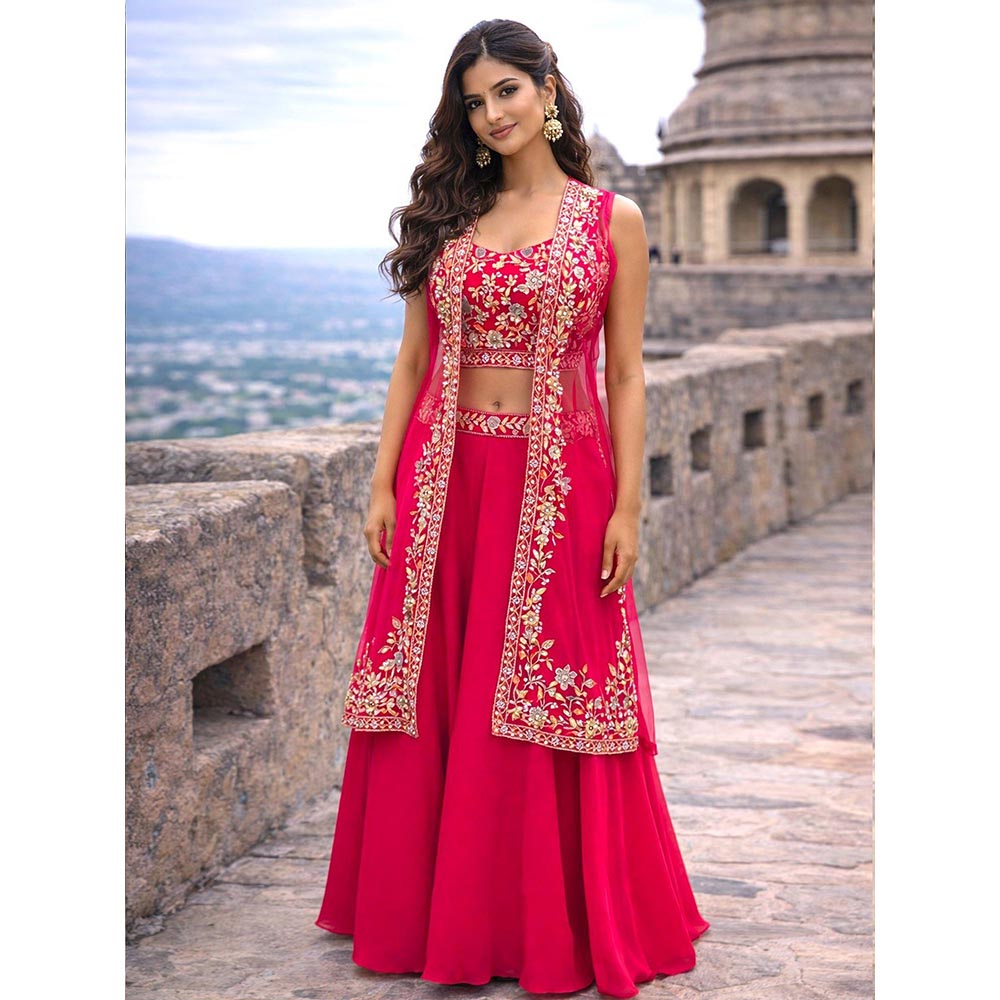 MABISH LUXE Embroidered Blouse with Palazzo and Cape In Red