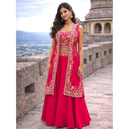 MABISH LUXE Embroidered Blouse with Palazzo and Cape In Red