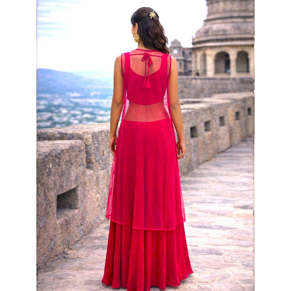 MABISH LUXE Embroidered Blouse with Palazzo and Cape In Red