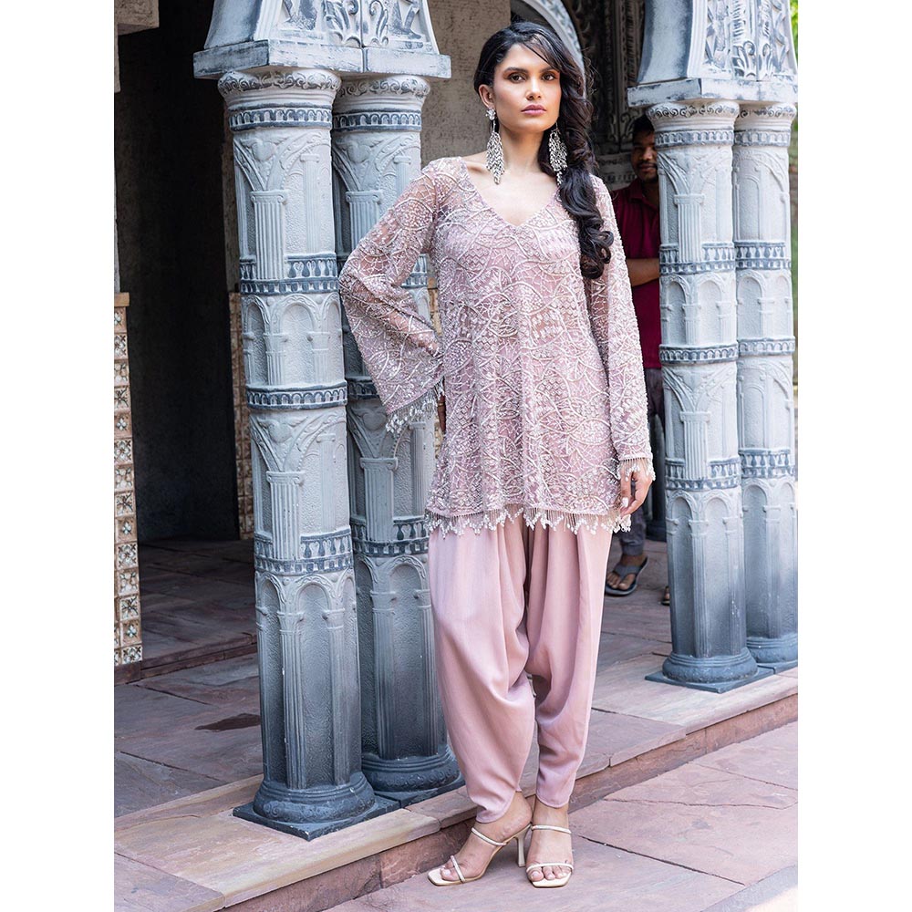 MABISH LUXE Pink Glowing Circinus Embellished Top With Dhoti Pant
