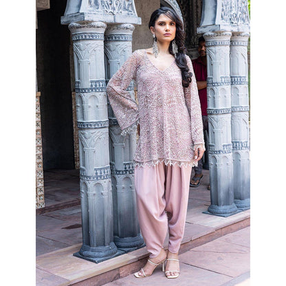 MABISH LUXE Pink Glowing Circinus Embellished Top With Dhoti Pant
