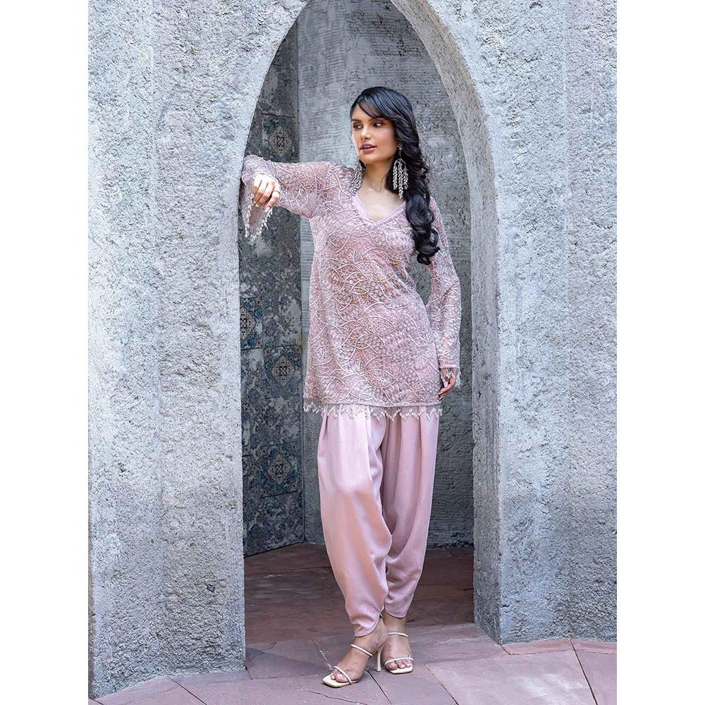 MABISH LUXE Pink Glowing Circinus Embellished Top With Dhoti Pant