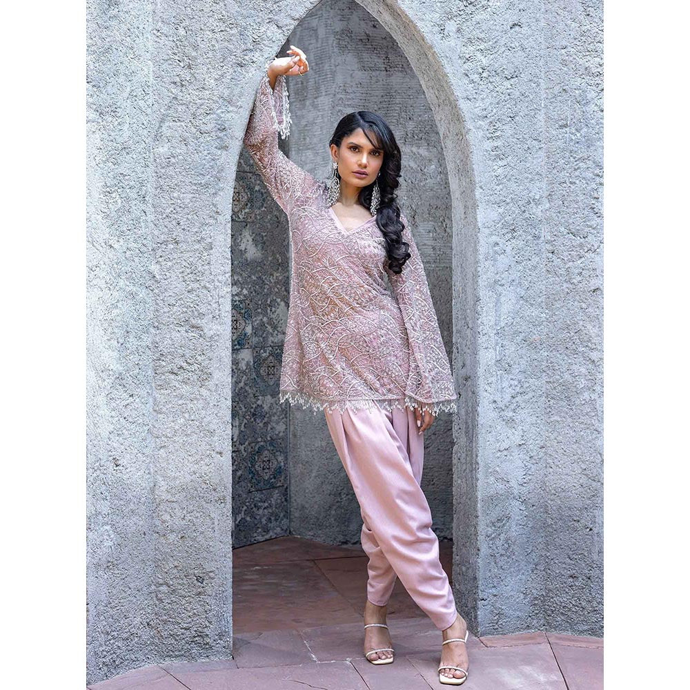 MABISH LUXE Pink Glowing Circinus Embellished Top With Dhoti Pant
