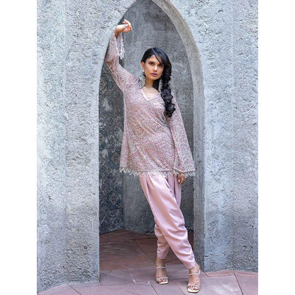 MABISH LUXE Pink Glowing Circinus Embellished Top With Dhoti Pant