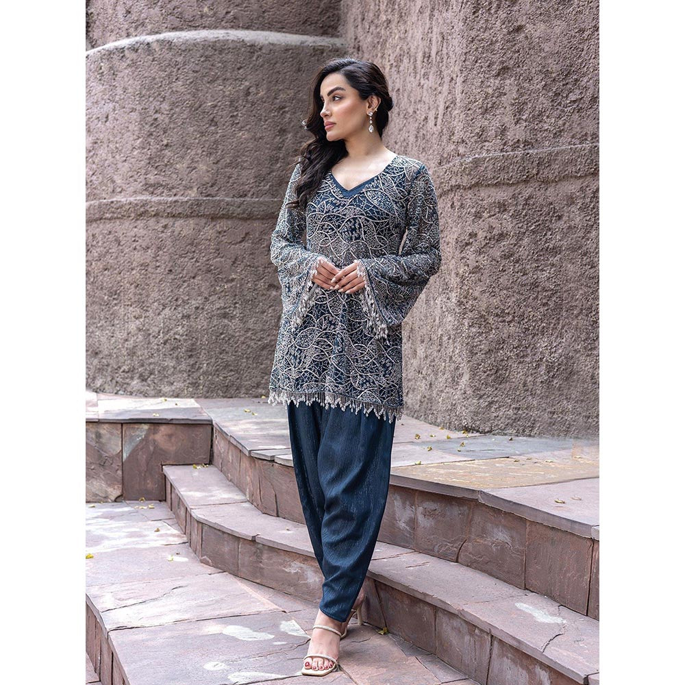 MABISH LUXE Teal Glowing Eridanus Embellished Top With Dhoti Pant