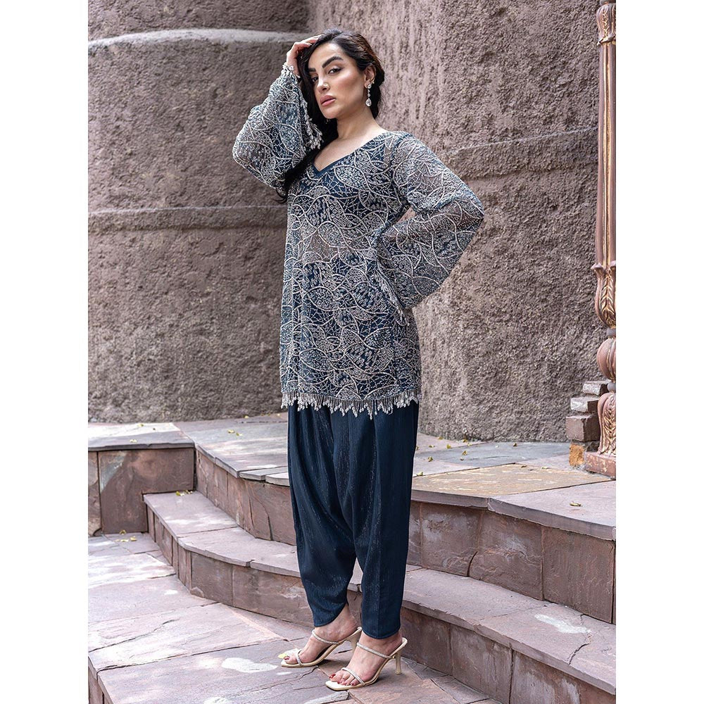 MABISH LUXE Teal Glowing Eridanus Embellished Top With Dhoti Pant