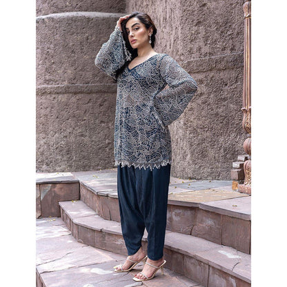 MABISH LUXE Teal Glowing Eridanus Embellished Top With Dhoti Pant