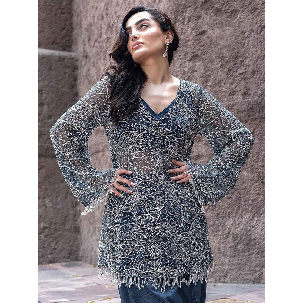 MABISH LUXE Teal Glowing Eridanus Embellished Top With Dhoti Pant