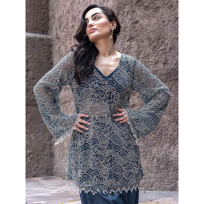 MABISH LUXE Teal Glowing Eridanus Embellished Top With Dhoti Pant