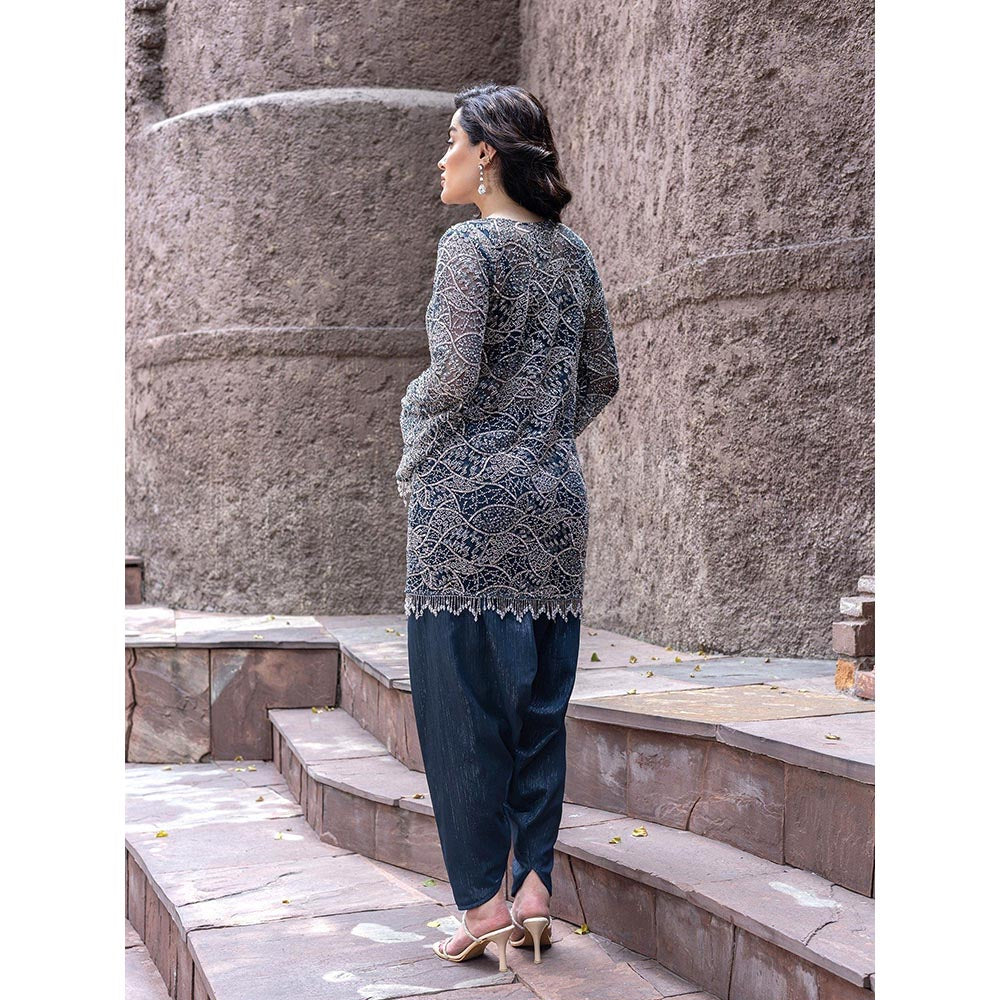 MABISH LUXE Teal Glowing Eridanus Embellished Top With Dhoti Pant
