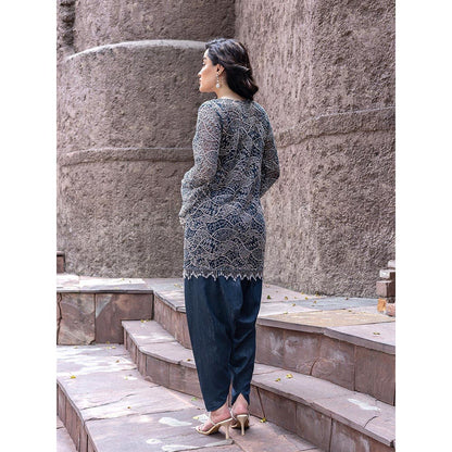 MABISH LUXE Teal Glowing Eridanus Embellished Top With Dhoti Pant