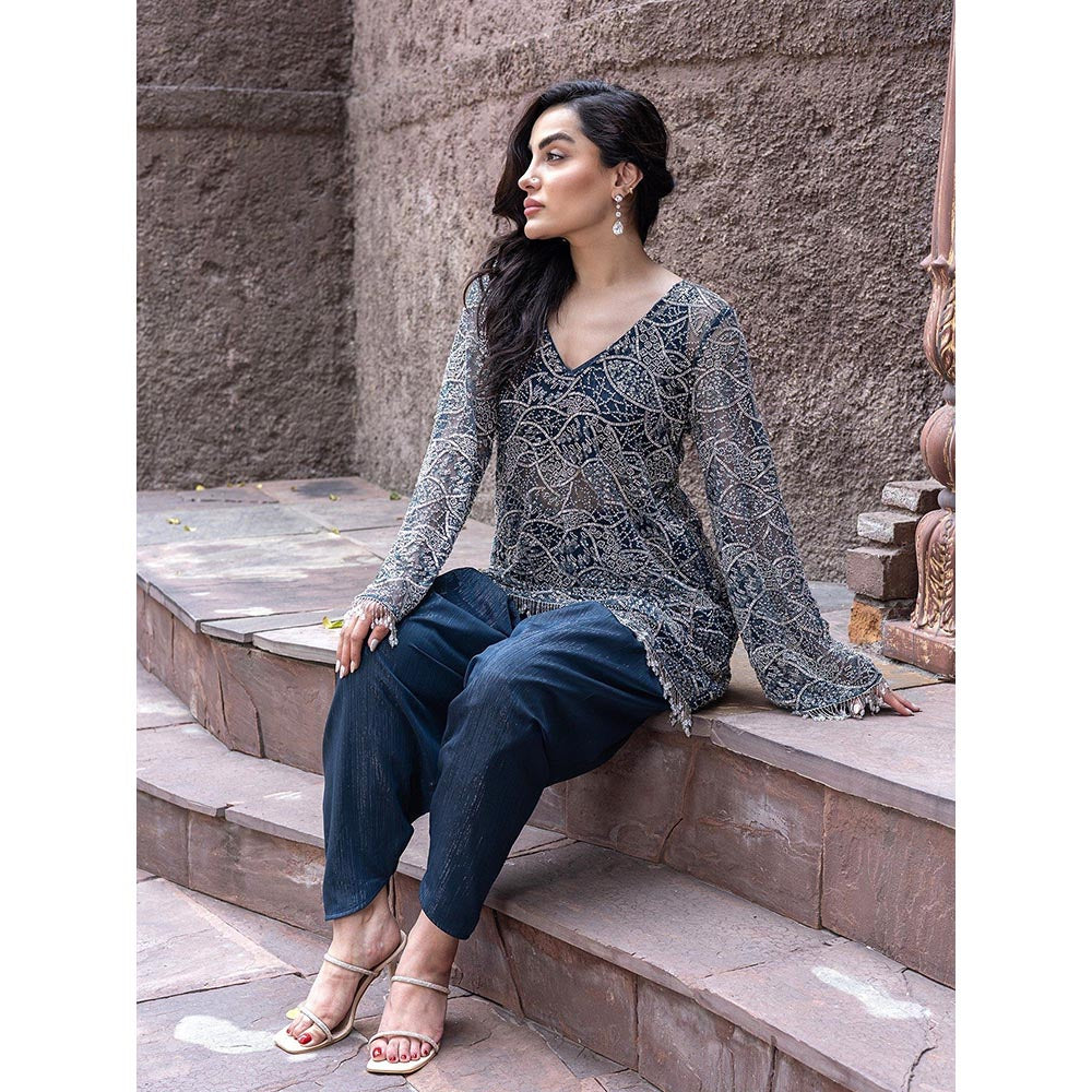 MABISH LUXE Teal Glowing Eridanus Embellished Top With Dhoti Pant