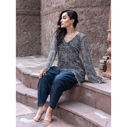 MABISH LUXE Teal Glowing Eridanus Embellished Top With Dhoti Pant