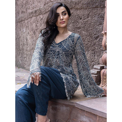 MABISH LUXE Teal Glowing Eridanus Embellished Top With Dhoti Pant