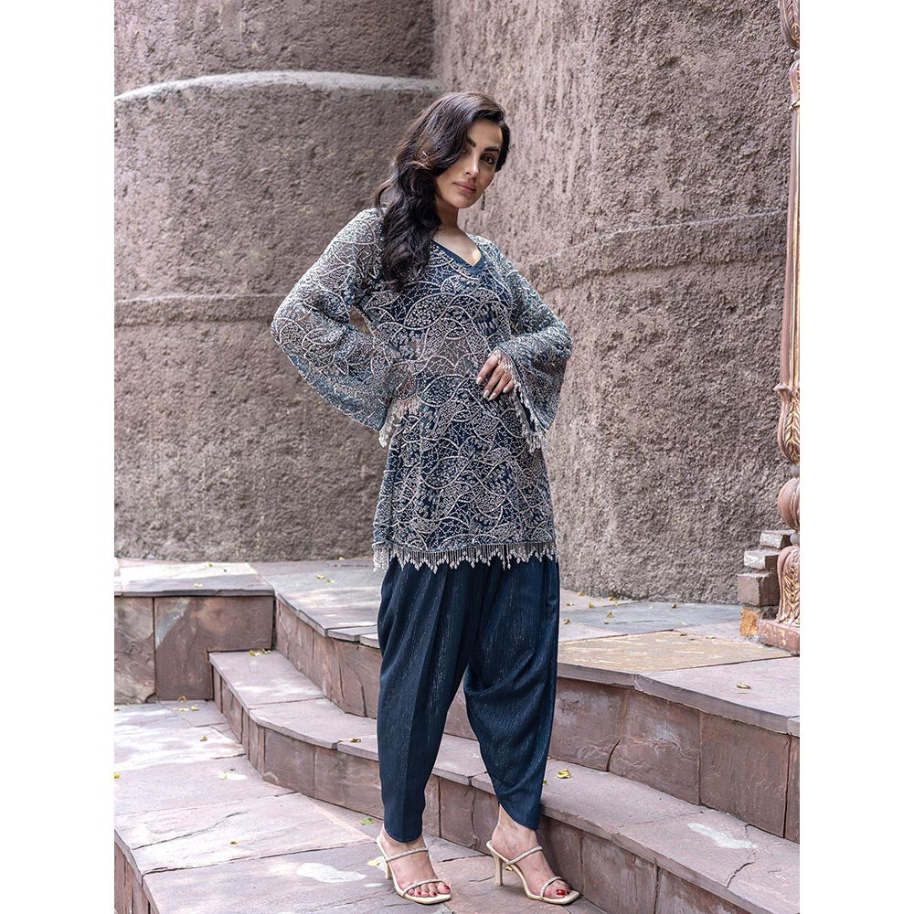 MABISH LUXE Teal Glowing Eridanus Embellished Top With Dhoti Pant