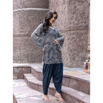 MABISH LUXE Teal Glowing Eridanus Embellished Top With Dhoti Pant