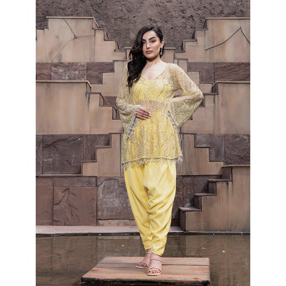 MABISH LUXE Yellow Glowing Hydra Embellished Top With Dhoti Pant