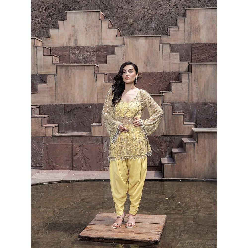 MABISH LUXE Yellow Glowing Hydra Embellished Top With Dhoti Pant
