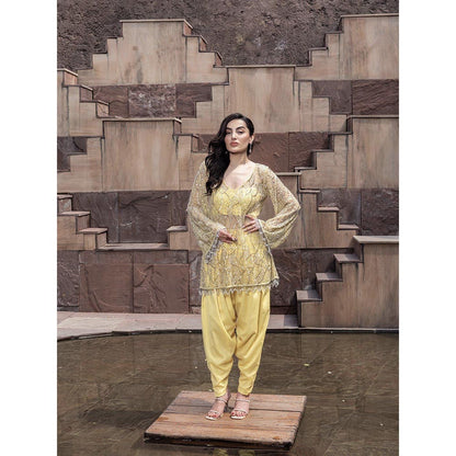 MABISH LUXE Yellow Glowing Hydra Embellished Top With Dhoti Pant