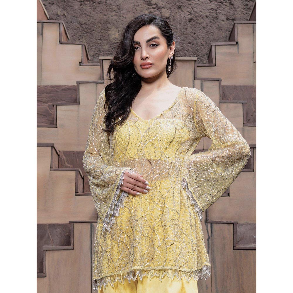 MABISH LUXE Yellow Glowing Hydra Embellished Top With Dhoti Pant