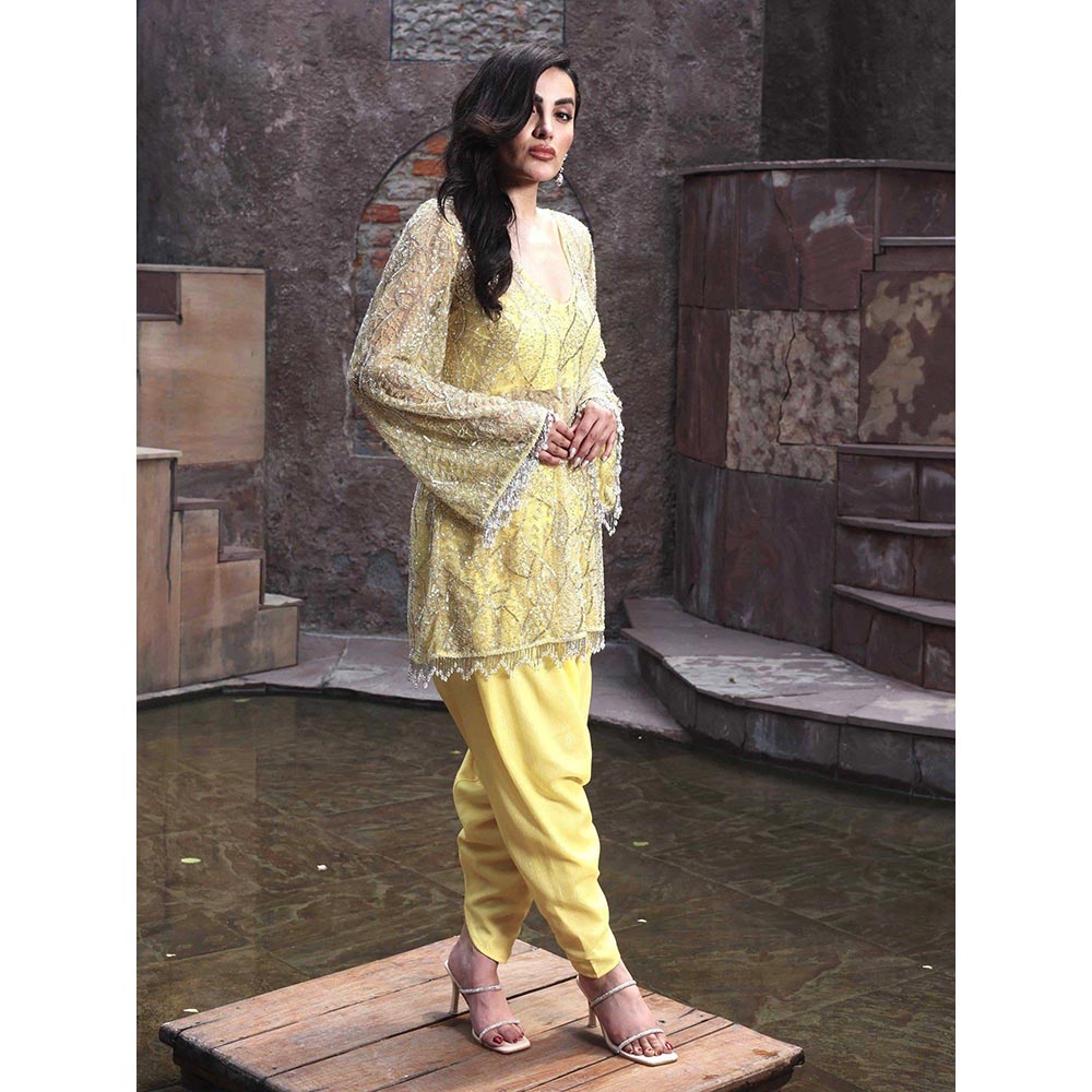 MABISH LUXE Yellow Glowing Hydra Embellished Top With Dhoti Pant