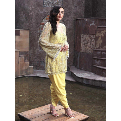 MABISH LUXE Yellow Glowing Hydra Embellished Top With Dhoti Pant