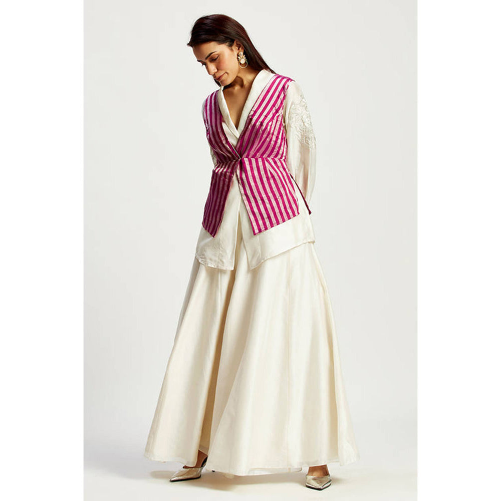 MADDER MUCH Off White Chanderi V-Neck Stripes Top With Palazzo