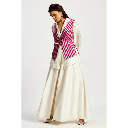 MADDER MUCH Off White Chanderi V-Neck Stripes Top With Palazzo