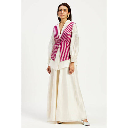 MADDER MUCH Off White Chanderi V-Neck Stripes Top With Palazzo