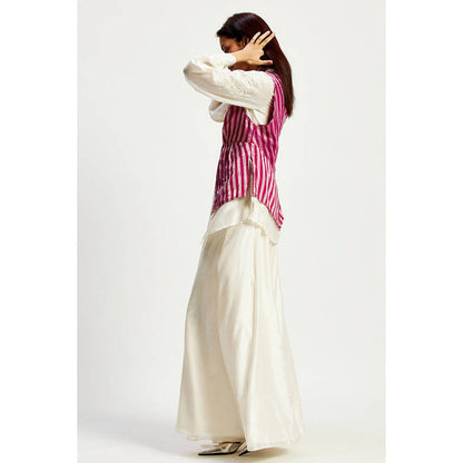 MADDER MUCH Off White Chanderi V-Neck Stripes Top With Palazzo