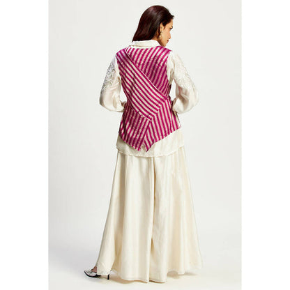MADDER MUCH Off White Chanderi V-Neck Stripes Top With Palazzo