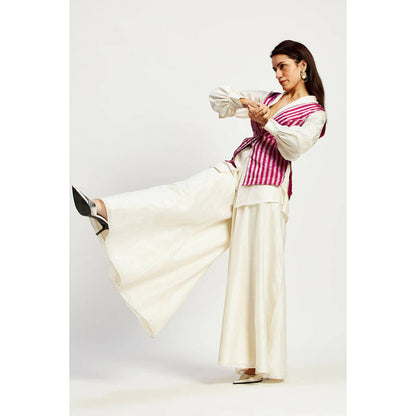 MADDER MUCH Off White Chanderi V-Neck Stripes Top With Palazzo