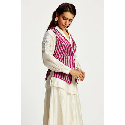 MADDER MUCH Off White Chanderi V-Neck Stripes Top With Palazzo