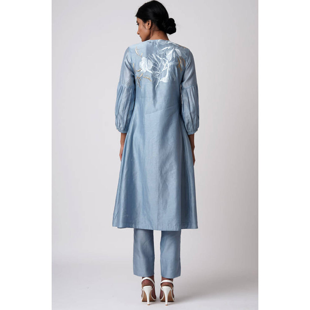 MADDER MUCH Blue Embroidered Round Neck Kurta With Pant