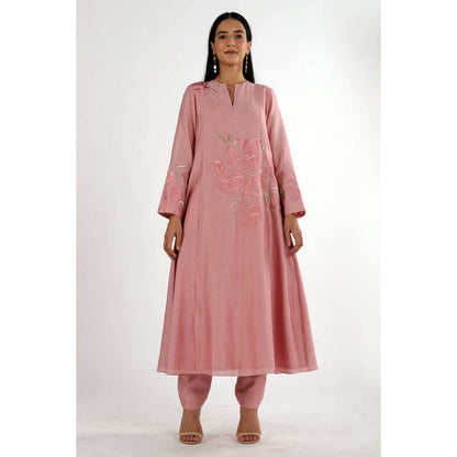 MADDER MUCH Pink Embroidered Round Neck Kurta With Pant