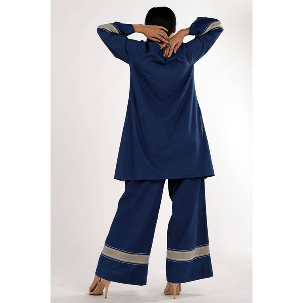 MADDER MUCH Indigo Chanderi V-Neck Solid Kurta With Palazzo
