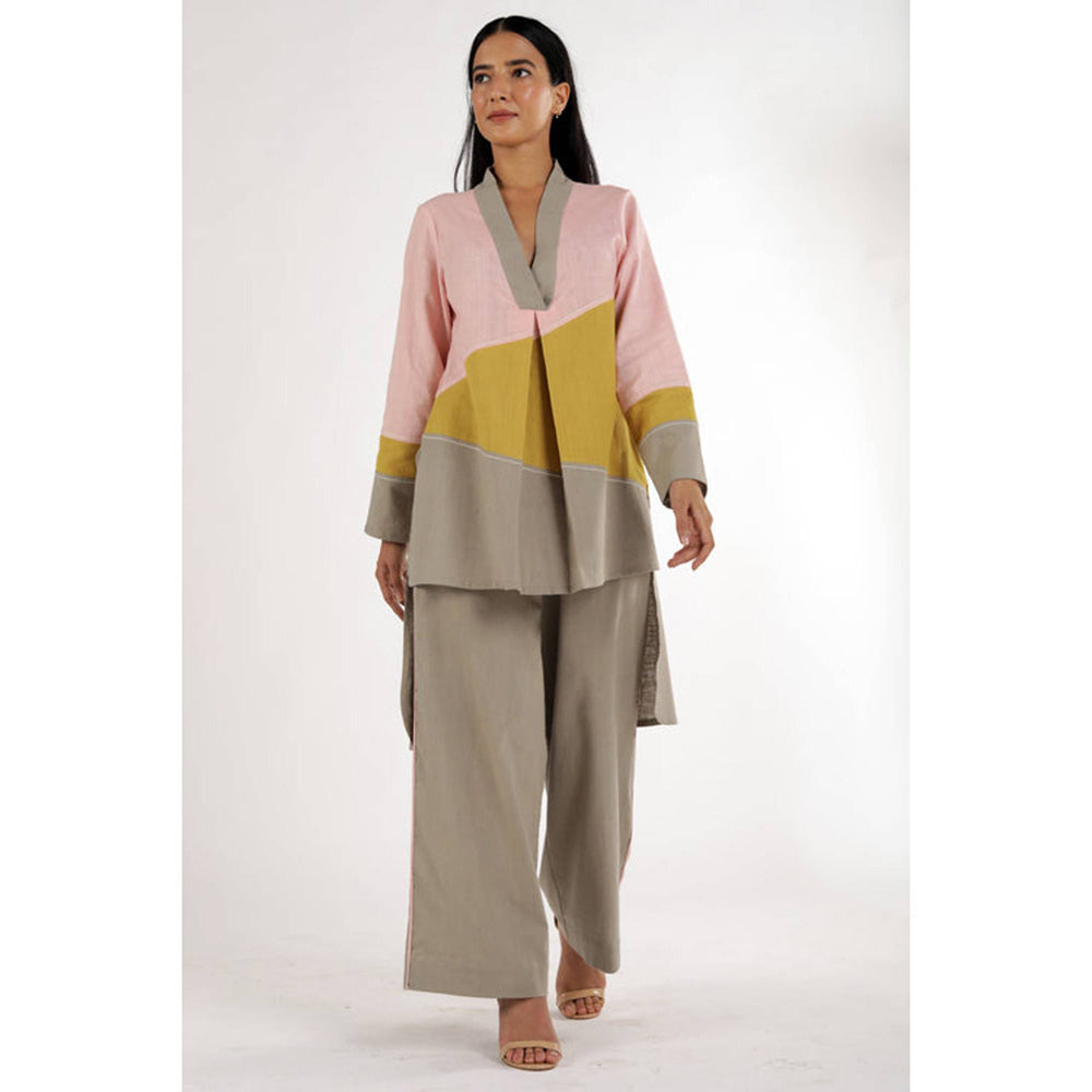 MADDER MUCH Multi-Color Cotton V-Neck Colorblock Top With Palazzo