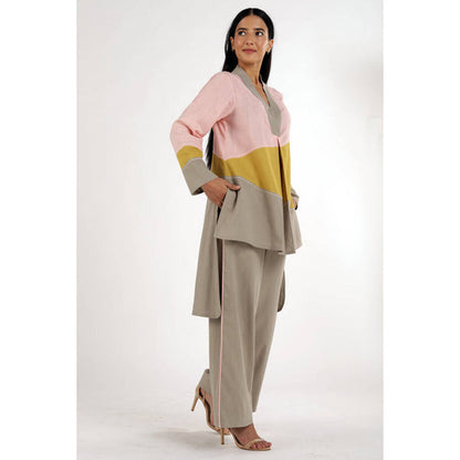 MADDER MUCH Multi-Color Cotton V-Neck Colorblock Top With Palazzo