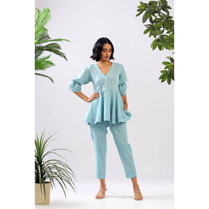 MADDER MUCH Blue Solid/Plain V-Neck Tunic Kurta With Pant Co-ords
