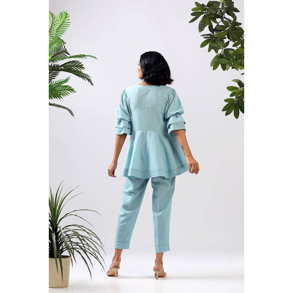 MADDER MUCH Blue Solid/Plain V-Neck Tunic Kurta With Pant Co-ords