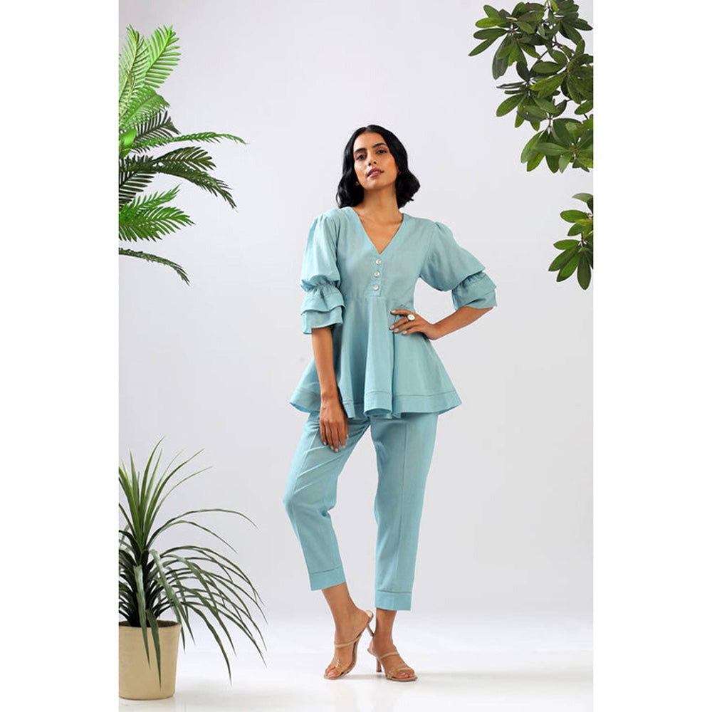 MADDER MUCH Blue Solid/Plain V-Neck Tunic Kurta With Pant Co-ords