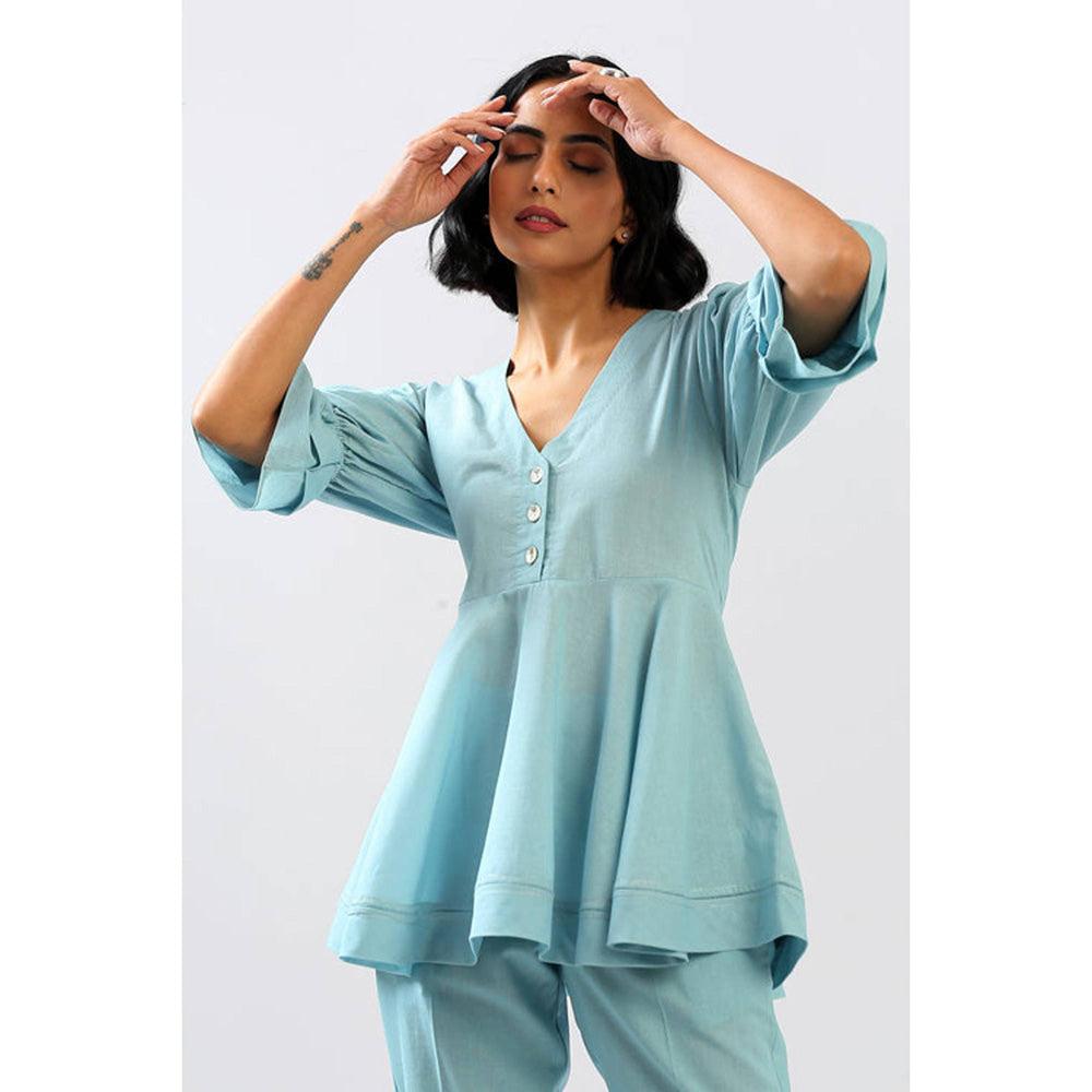 MADDER MUCH Blue Solid/Plain V-Neck Tunic Kurta With Pant Co-ords