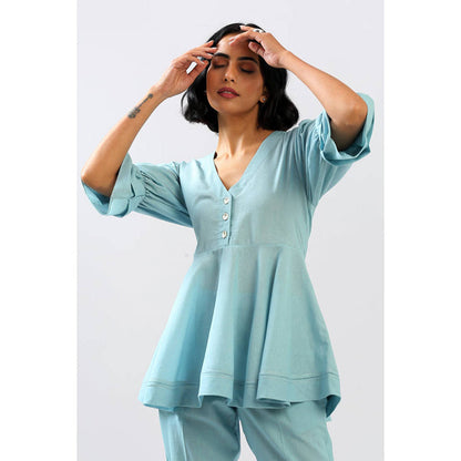 MADDER MUCH Blue Solid/Plain V-Neck Tunic Kurta With Pant Co-ords