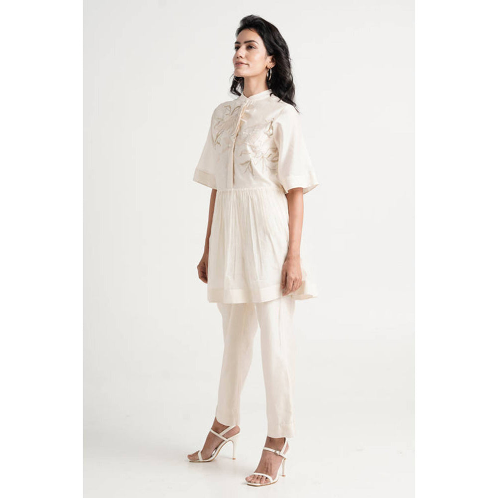 MADDER MUCH Ivory Chanderi Mandarin Neck Solid Peplum Top With Pant Co-Ord Set