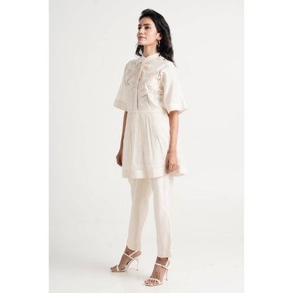 MADDER MUCH Ivory Chanderi Mandarin Neck Solid Peplum Top With Pant Co-Ord Set