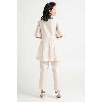 MADDER MUCH Ivory Chanderi Mandarin Neck Solid Peplum Top With Pant Co-Ord Set