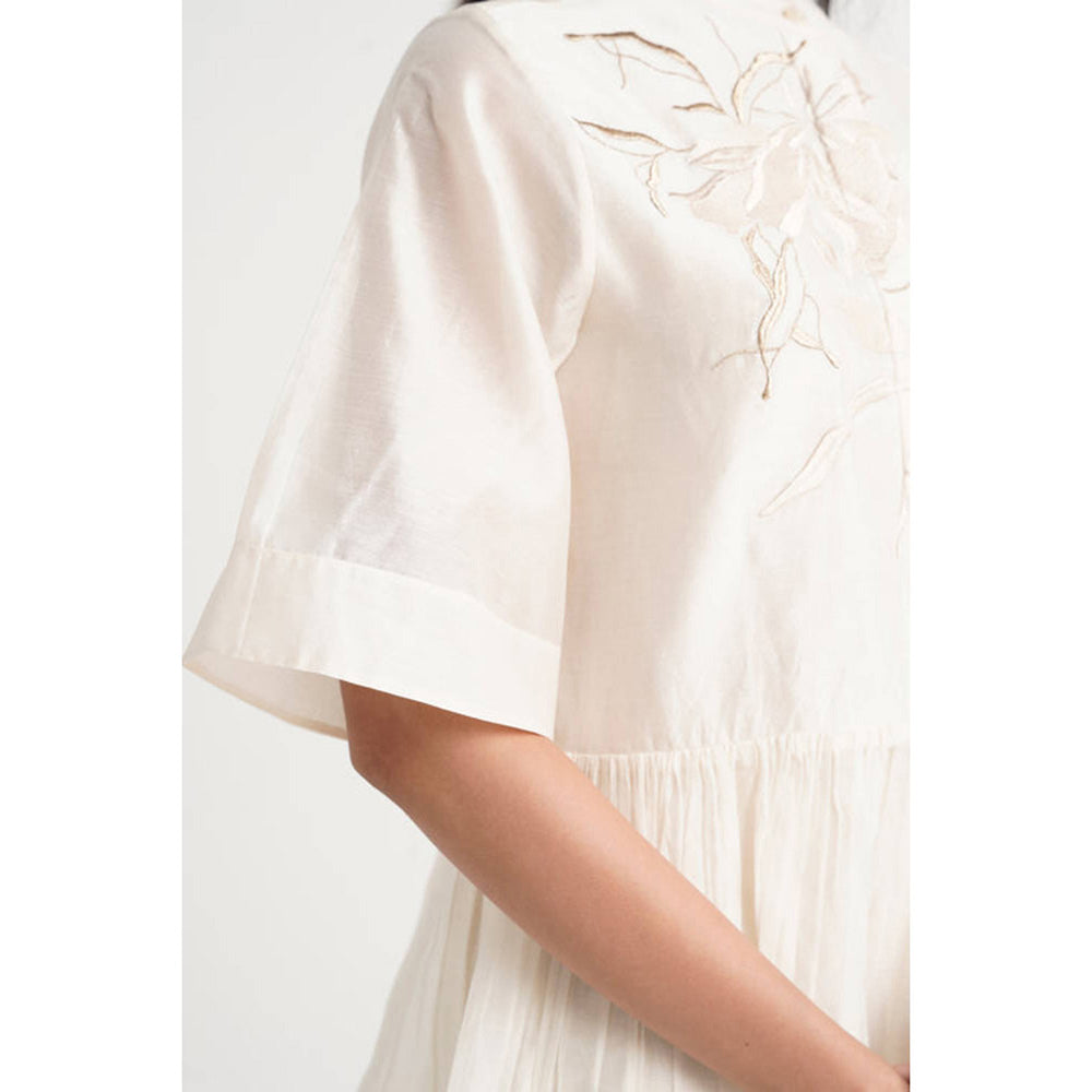 MADDER MUCH Ivory Chanderi Mandarin Neck Solid Peplum Top With Pant Co-Ord Set