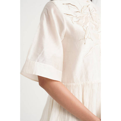 MADDER MUCH Ivory Chanderi Mandarin Neck Solid Peplum Top With Pant Co-Ord Set